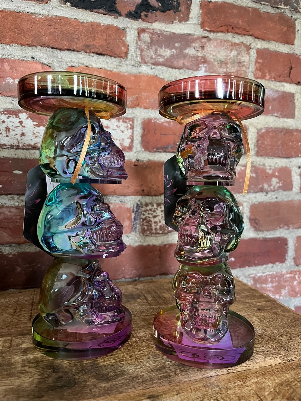 Iridescent Multicolor Glass Skull Stack Candle Holders - Pair